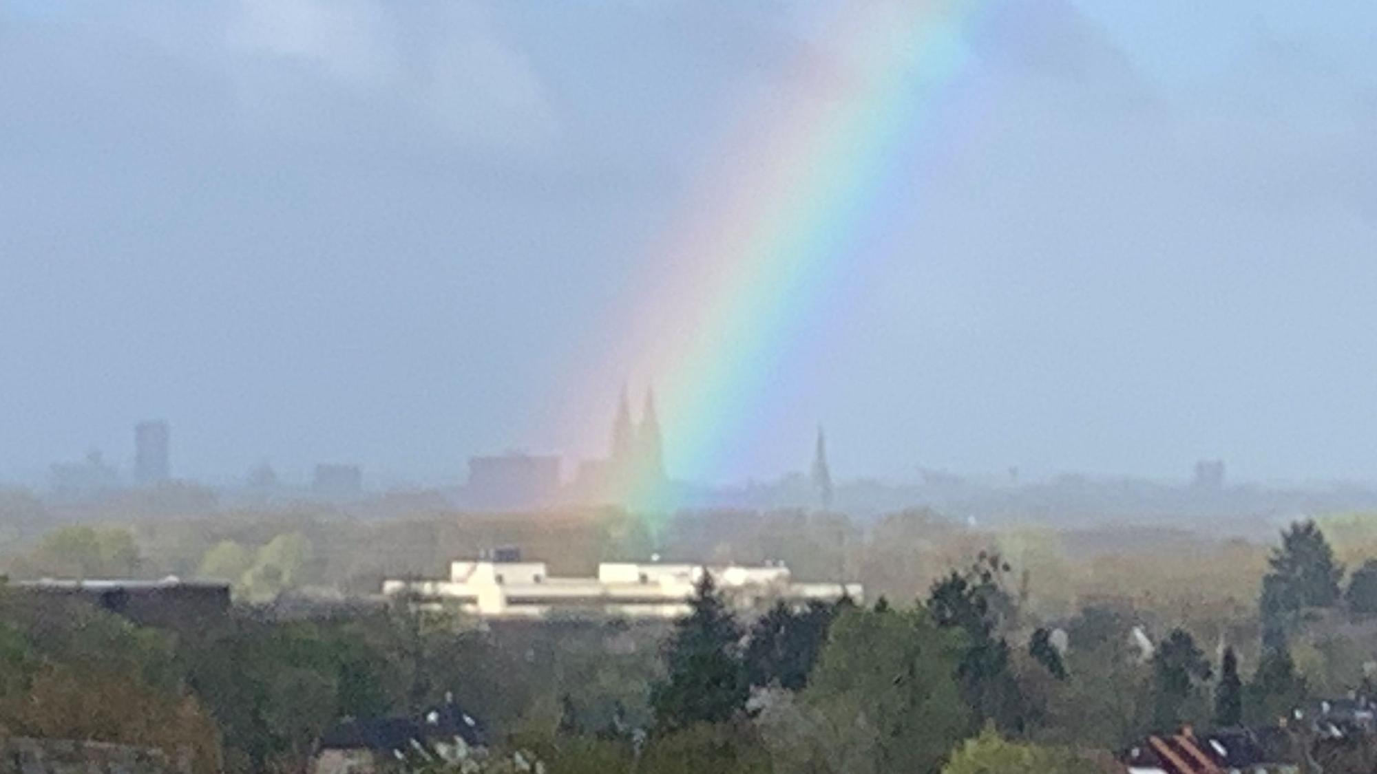 Ein Regenbogen über Köln endet am Kölner Dom.