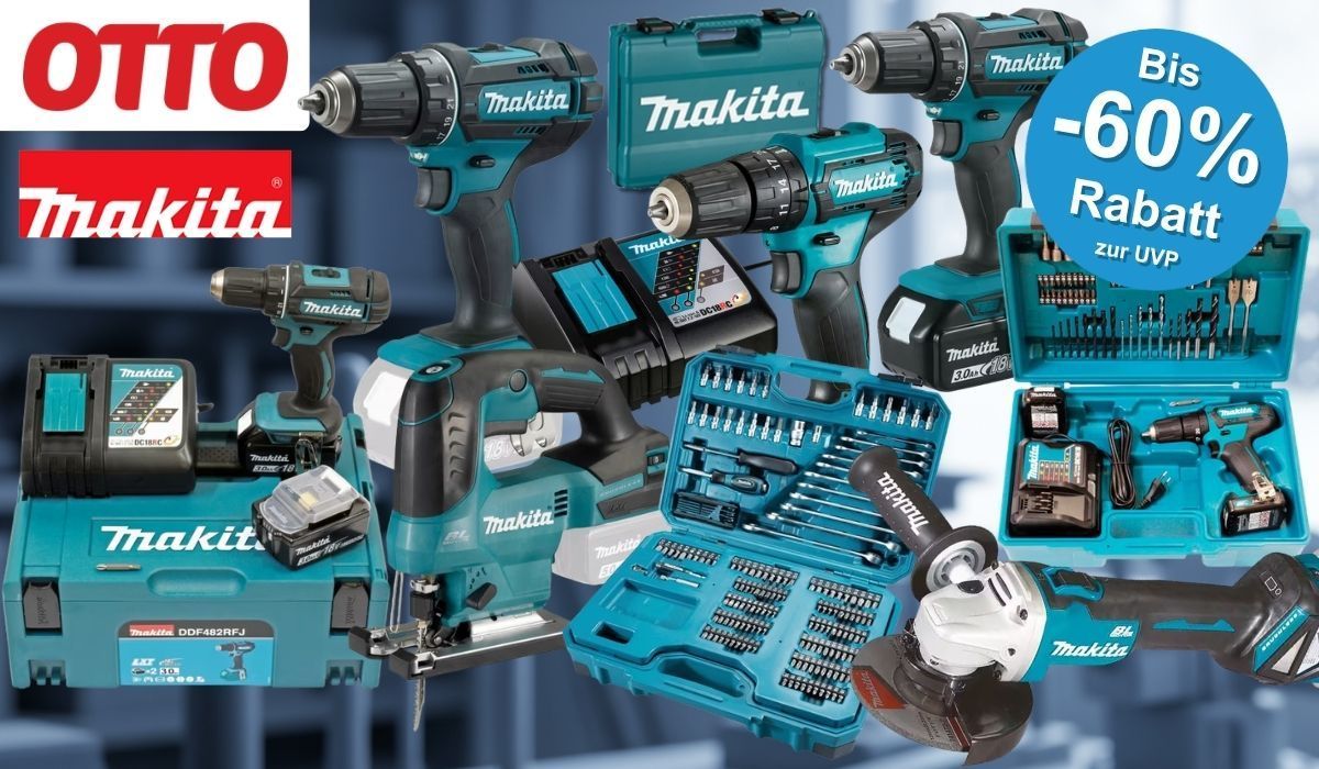 Collage verschiedener türkis-schwarzer Makita Werkzeuge und Zubehörsets (Akkubohrer, Schlagbohrmaschine, Stichsäge, Winkelschleifer, Bit- und Bohrer-Set, Akkus, Ladegerät sowie mehrere Makita Werkzeugkoffer) vor einem unscharfen industriellen Hintergrund. Links oben das rote OTTO-Logo und das türkise Makita-Logo. Rechts oben blauer Button mit der Aufschrift „Bis -60 % Rabatt zur UVP".