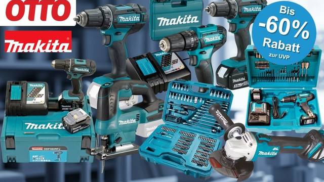 Collage verschiedener türkis-schwarzer Makita Werkzeuge und Zubehörsets (Akkubohrer, Schlagbohrmaschine, Stichsäge, Winkelschleifer, Bit- und Bohrer-Set, Akkus, Ladegerät sowie mehrere Makita Werkzeugkoffer) vor einem unscharfen industriellen Hintergrund. Links oben das rote OTTO-Logo und das türkise Makita-Logo. Rechts oben blauer Button mit der Aufschrift „Bis -60 % Rabatt zur UVP".