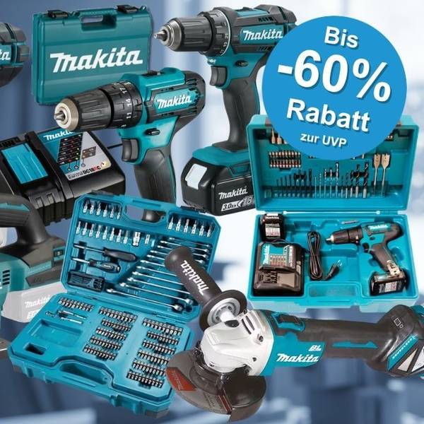 Collage verschiedener türkis-schwarzer Makita Werkzeuge und Zubehörsets (Akkubohrer, Schlagbohrmaschine, Stichsäge, Winkelschleifer, Bit- und Bohrer-Set, Akkus, Ladegerät sowie mehrere Makita Werkzeugkoffer) vor einem unscharfen industriellen Hintergrund. Links oben das rote OTTO-Logo und das türkise Makita-Logo. Rechts oben blauer Button mit der Aufschrift „Bis -60 % Rabatt zur UVP".