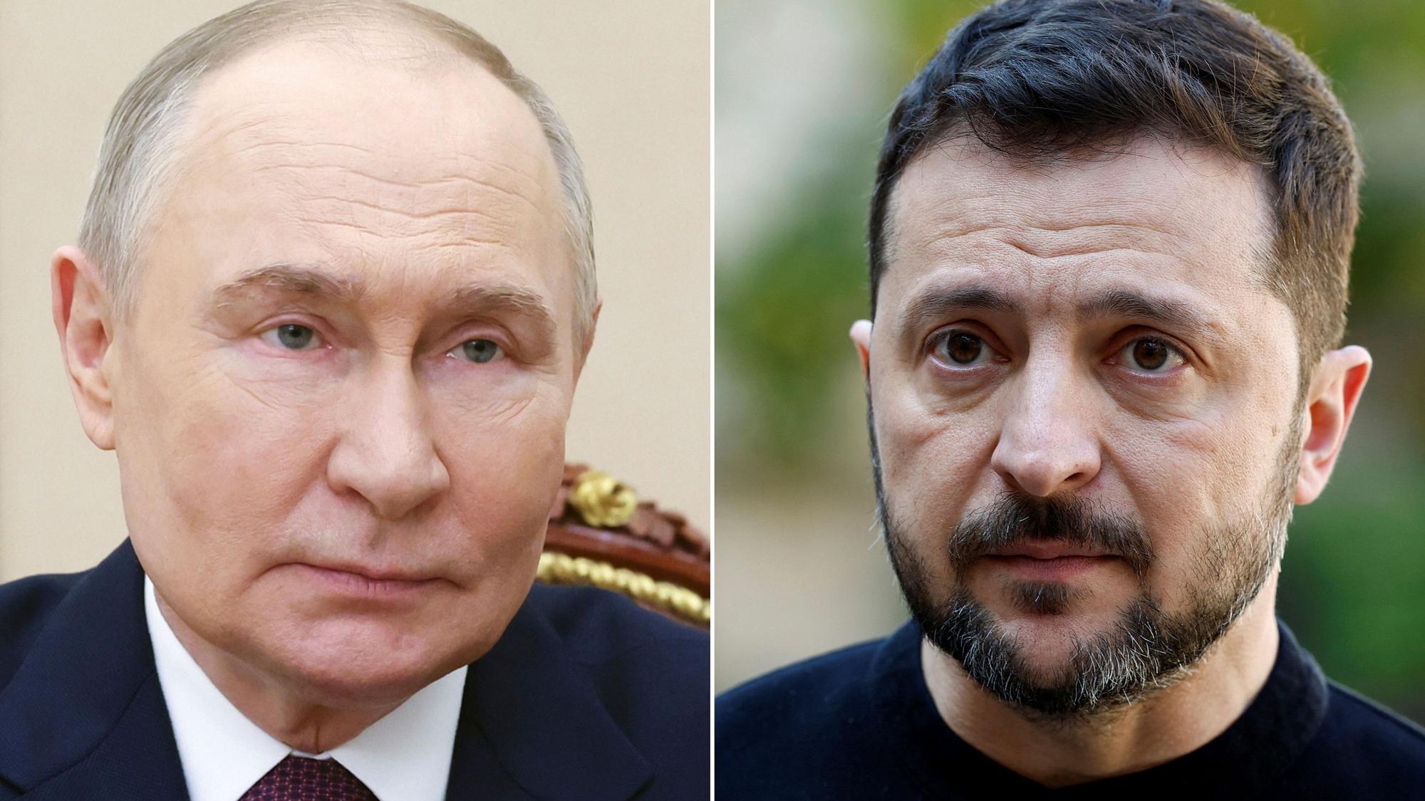 Die Bildkombo zeigt den russischen Präsidenten Wladimir Putin (l.) und den ukrainischen Präsidenten Wolodymyr Selenskyj.