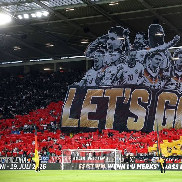 Mit dieser Choreografie verabschiedeten die deutschen Fans ihre Nationalmannschaft am 31. Mai beim letzte Testspiel des Teams auf deutschem Boden vor der Abreise in die USA. Die Partie gegen Finnland in Mainz endete 4:0. (Bild: 2026 Getty Images/Alex Grimm)