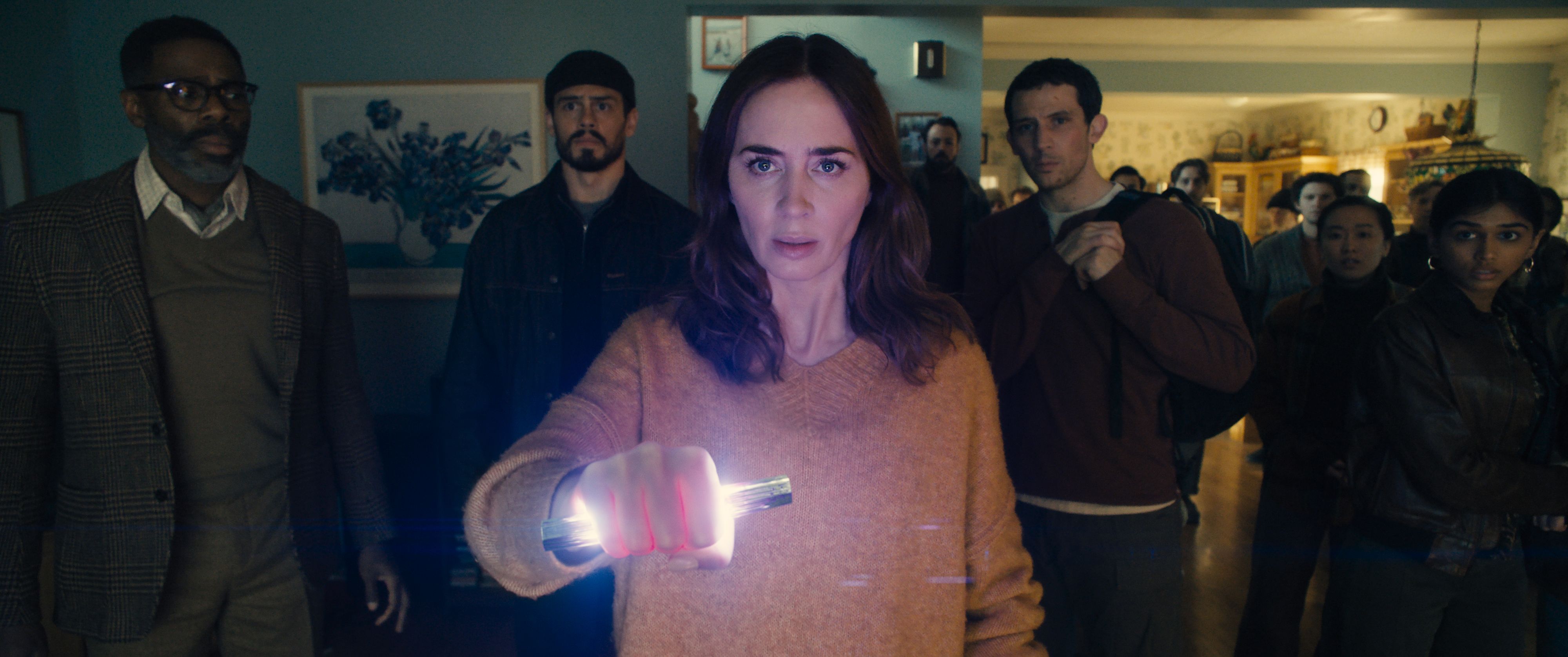 L to R: Colman Domingo is Hugo Wakefield, Tommy Martinez is Santiago, Emily Blunt is Margaret Fairchild, and Josh O'Connor is Dr. Daniel Kellner in DISCLOSURE DAY, directed by Steven Spielberg.