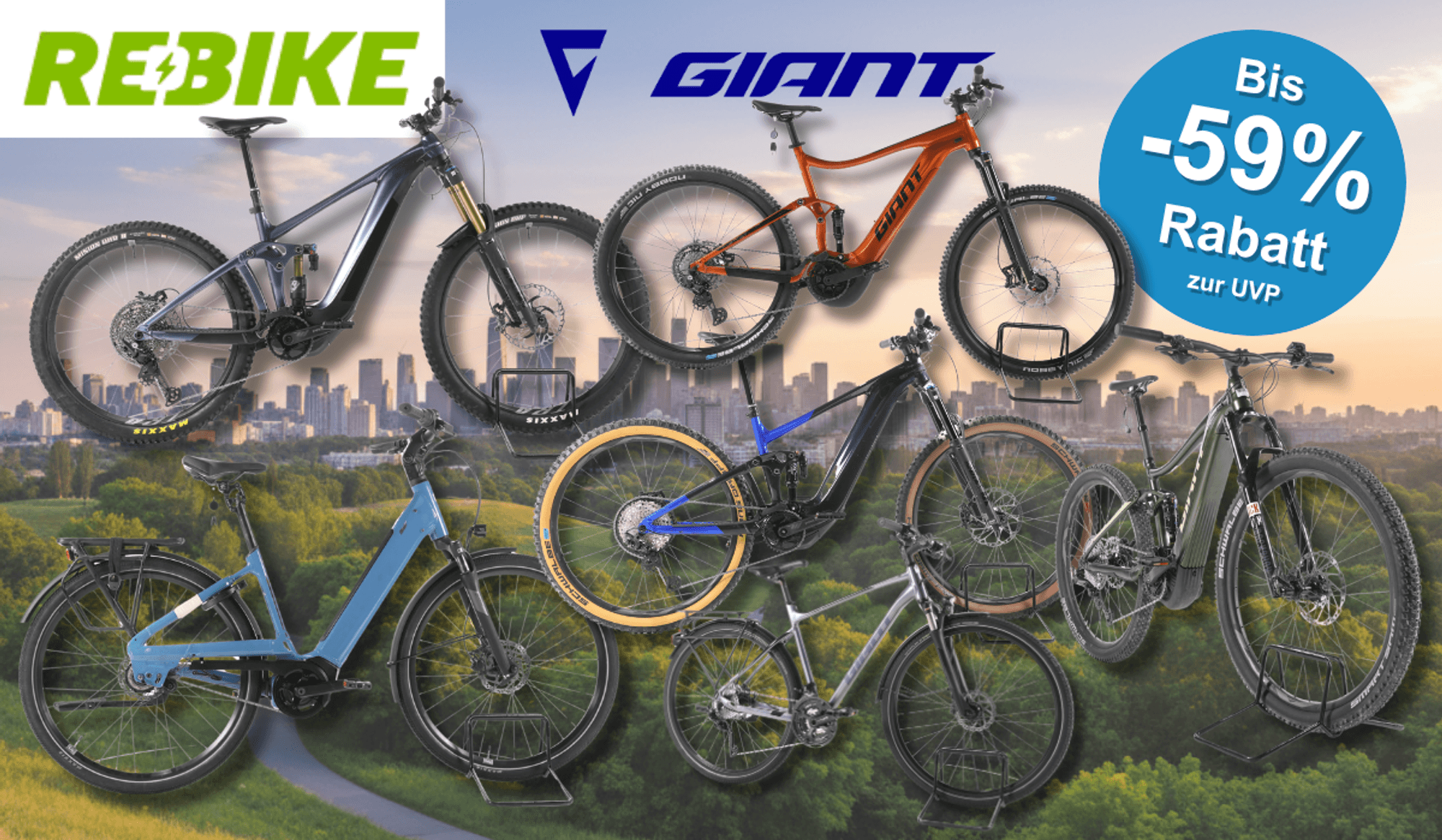 Mehreren refurbished Giant E-Bikes verschiedener Kategorien – darunter vollgefederte E-Mountainbikes, ein City-E-Bike mit tiefem Einstieg sowie Trekking- und SUV-E-Bikes – vor einer Stadtpanorama-Kulisse mit grüner Parklandschaft im Vordergrund. Logos von Rebike und Giant sind oben abgebildet.