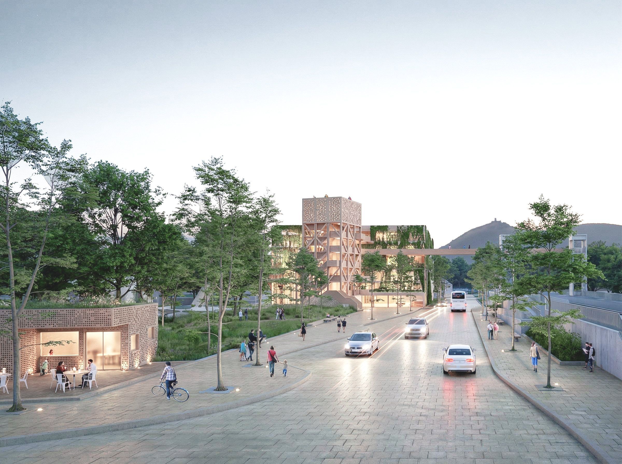 Ein Entwurf mit einem Parkthaus und dem neuen Bahnhof.