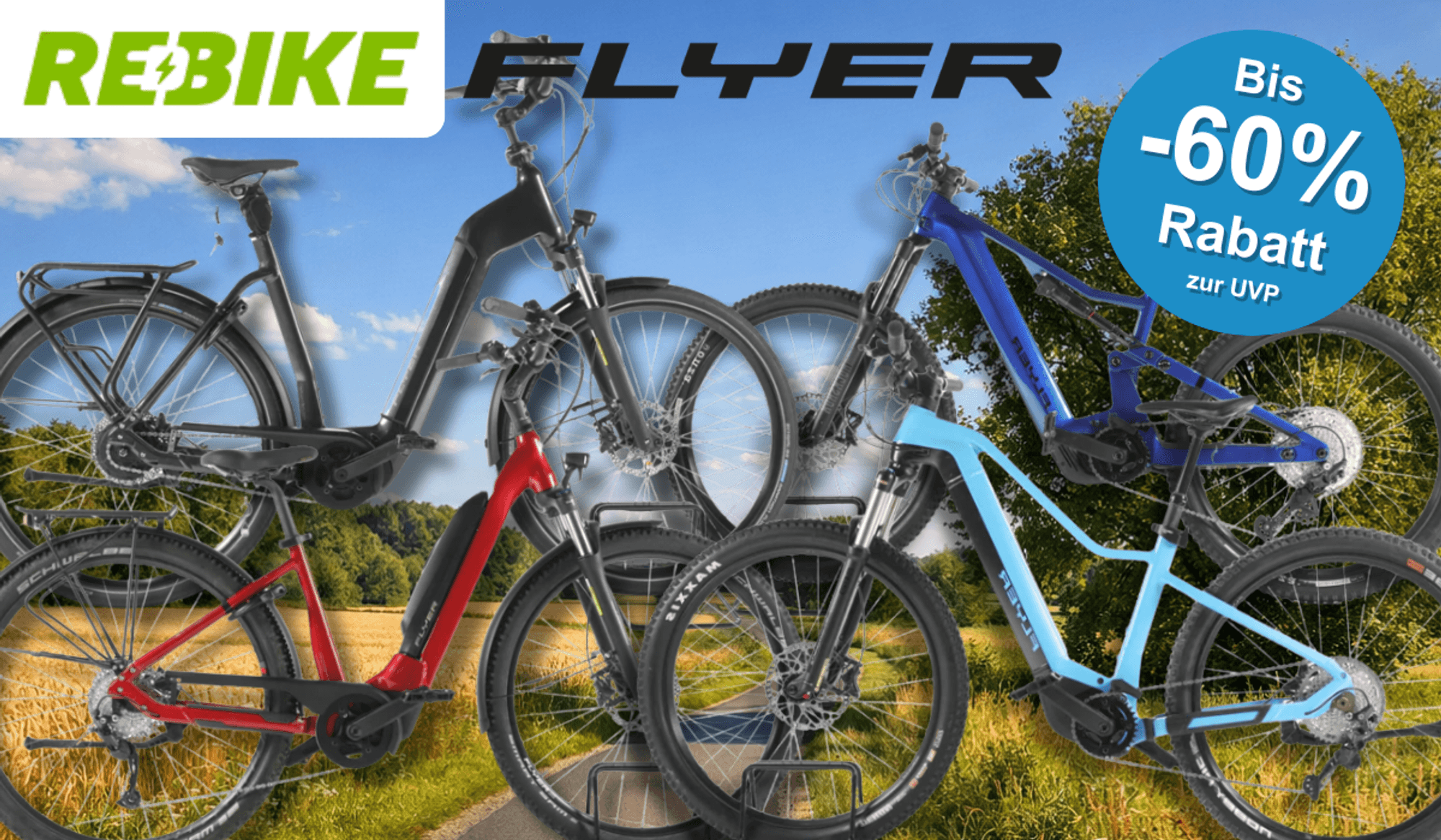 Vier verschiedene Flyer E-Bikes vor einem Fahrradweg.