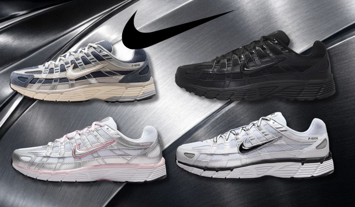 4 Nike P-6000 Sneaker in verschiedenen Colorways vor einem metallischen Hintergrund.