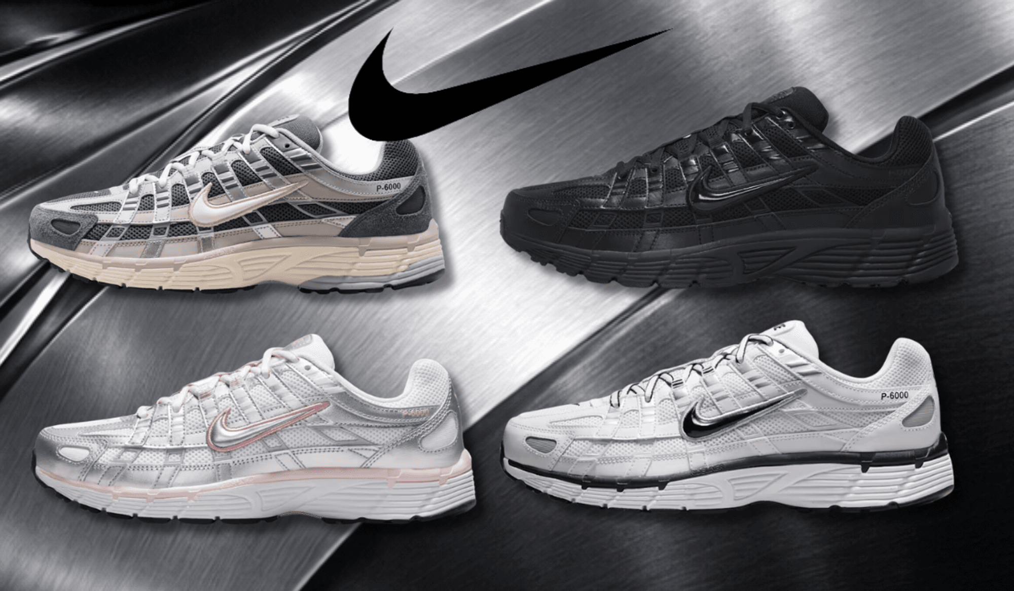 4 Nike P-6000 Sneaker in verschiedenen Colorways vor einem metallischen Hintergrund.