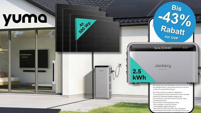 Produktgrafik von Yuma: Jackery SolarVault 3 Pro Heimspeicher mit 2,5 kWh an einer Hauswand montiert, daneben vier Solarmodule mit je 500 Wp. Rechts im Bild eine Smartphone-Ansicht der Jackery-App mit KI-Smart-Modus-Beschreibung. Ein blauer Button weist auf bis zu 43 Prozent Rabatt zur UVP hin.