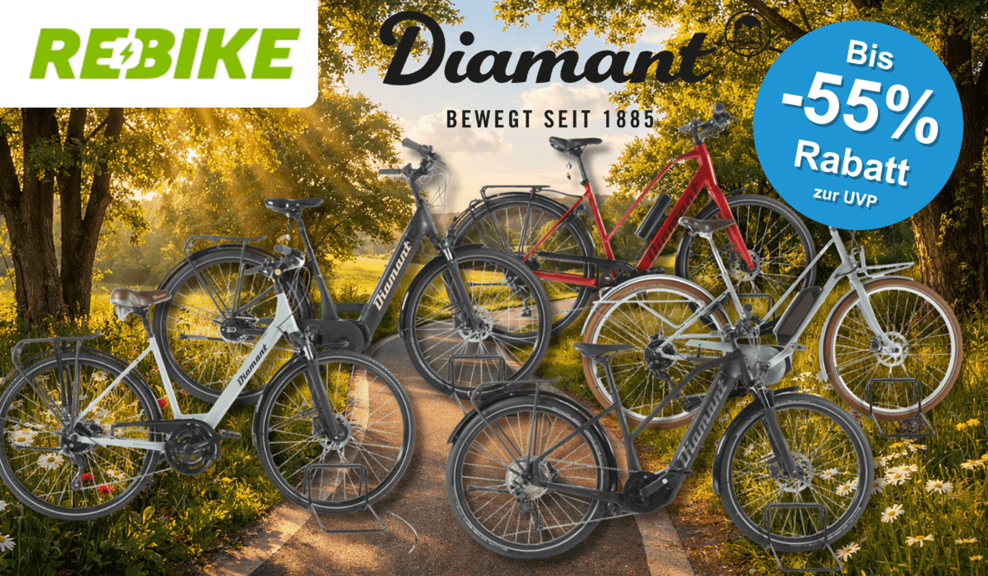5 Diamant Fahrräder vor einem Fahrradweg abgebildet.
