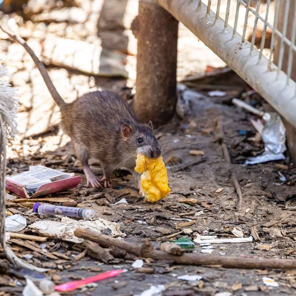 Eine Ratte frisst Müll.