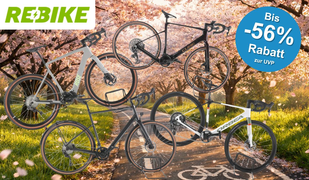 Auf dem Bild sind E Rennräder/Gravelbikes zu sehen auf einem frühlingshaften Hintergrund, die sich aktuell bei Rebike im Sale befinden.
