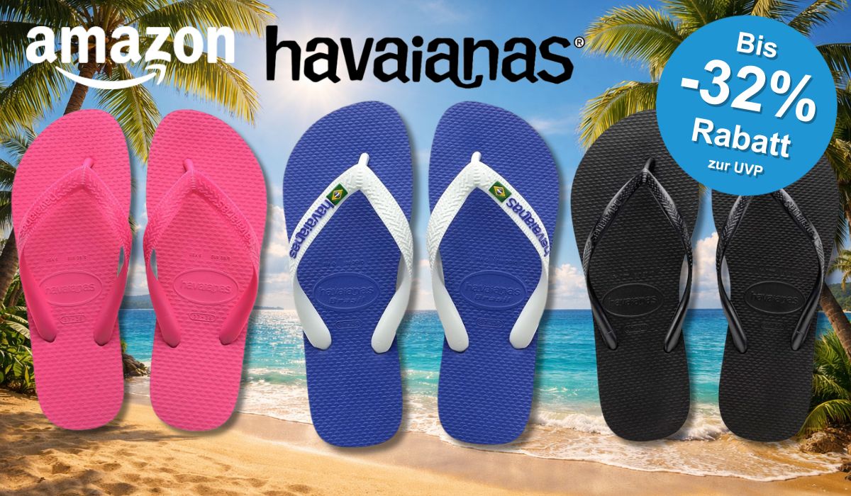 3 verschiedene Havaianas Modelle vor einem Strand abgebildet.