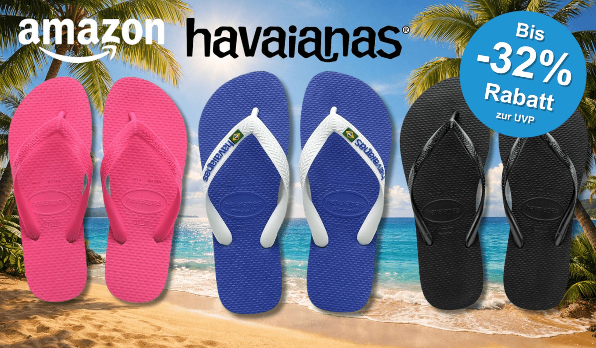 3 verschiedene Havaianas Modelle vor einem Strand abgebildet.