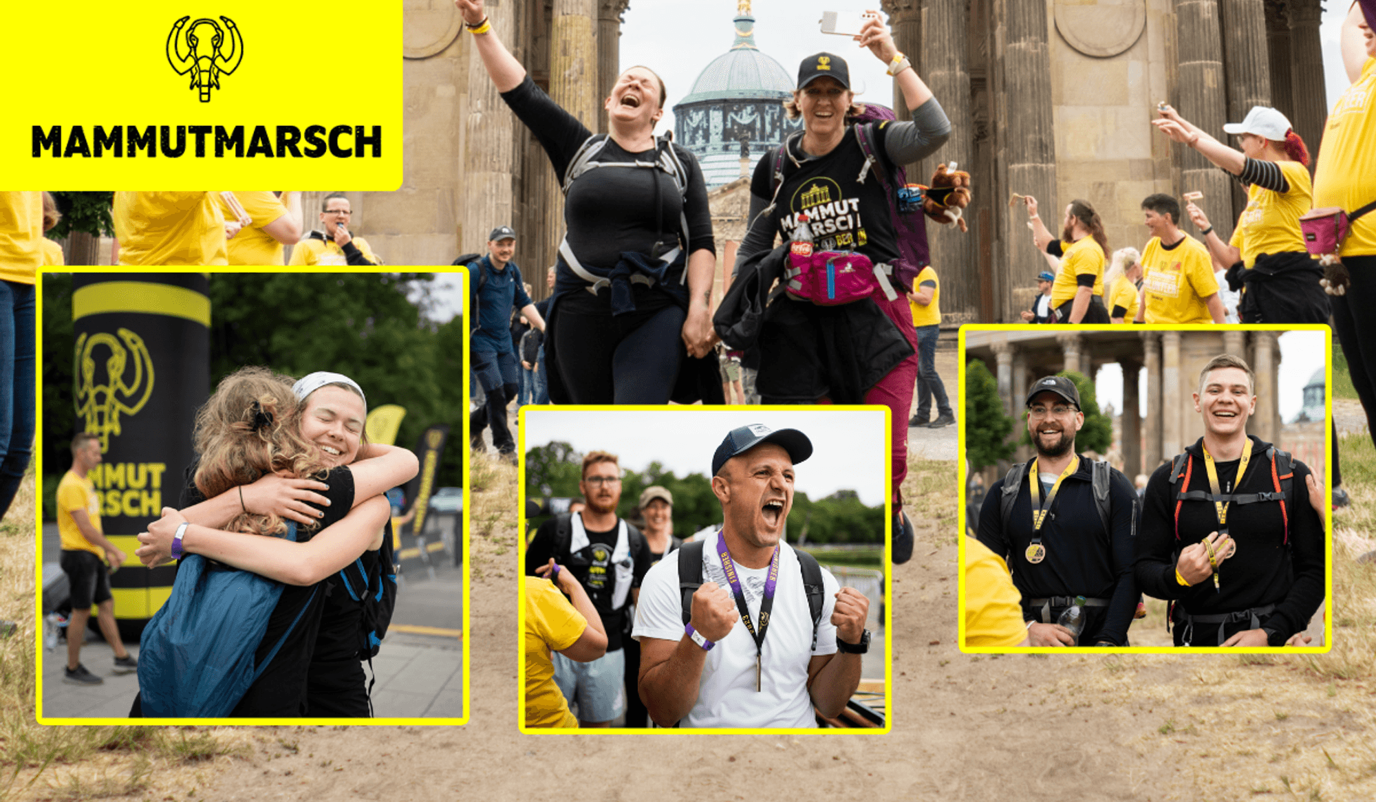 Bildcollage des Mammutmarschs: Im Hauptbild springen zwei Teilnehmerinnen jubelnd vor einem historischen Gebäude in die Luft; links eine herzliche Umarmung zweier Finisherinnen; in der Mitte ein stolzer Teilnehmer mit Finisher-Medaillen; rechts zwei Teilnehmer am Ziel.