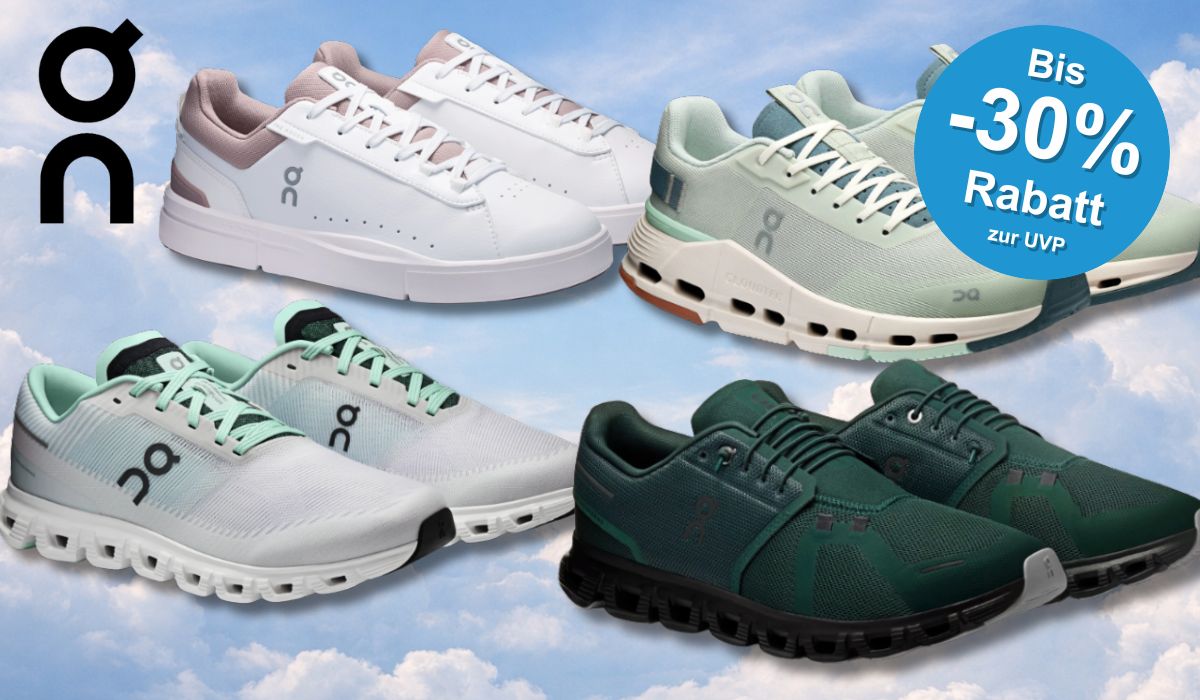 4 On Running Sneaker Modelle vor einem wolken Hintergrund.