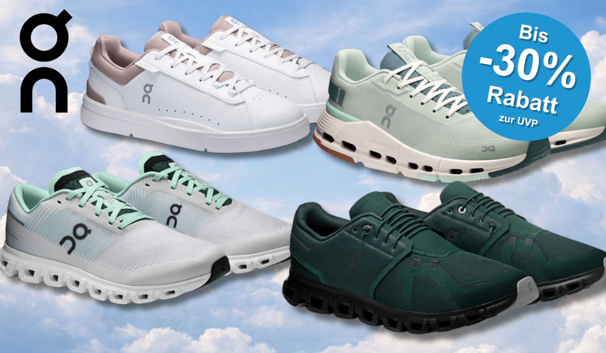 4 On Running Sneaker Modelle vor einem wolken Hintergrund.
