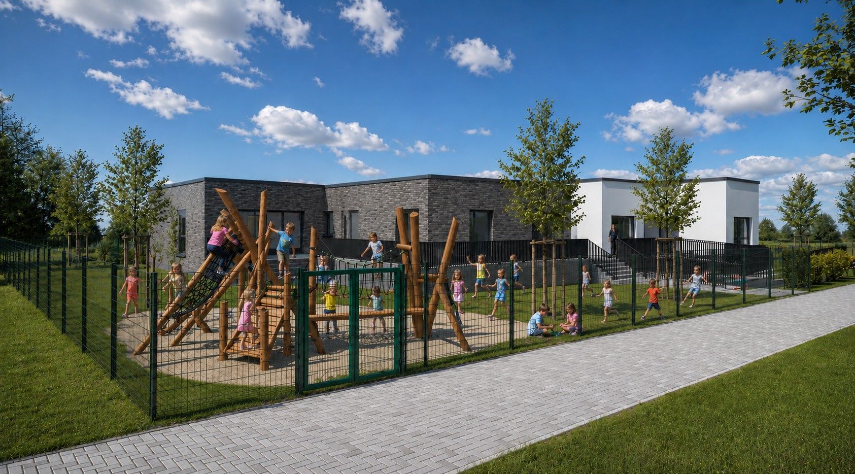Eine Visualisierung zeigt den neuen Kindergarten für Kall mit dem geklinkerten Altbau und dem weiß verputzten Neubau.