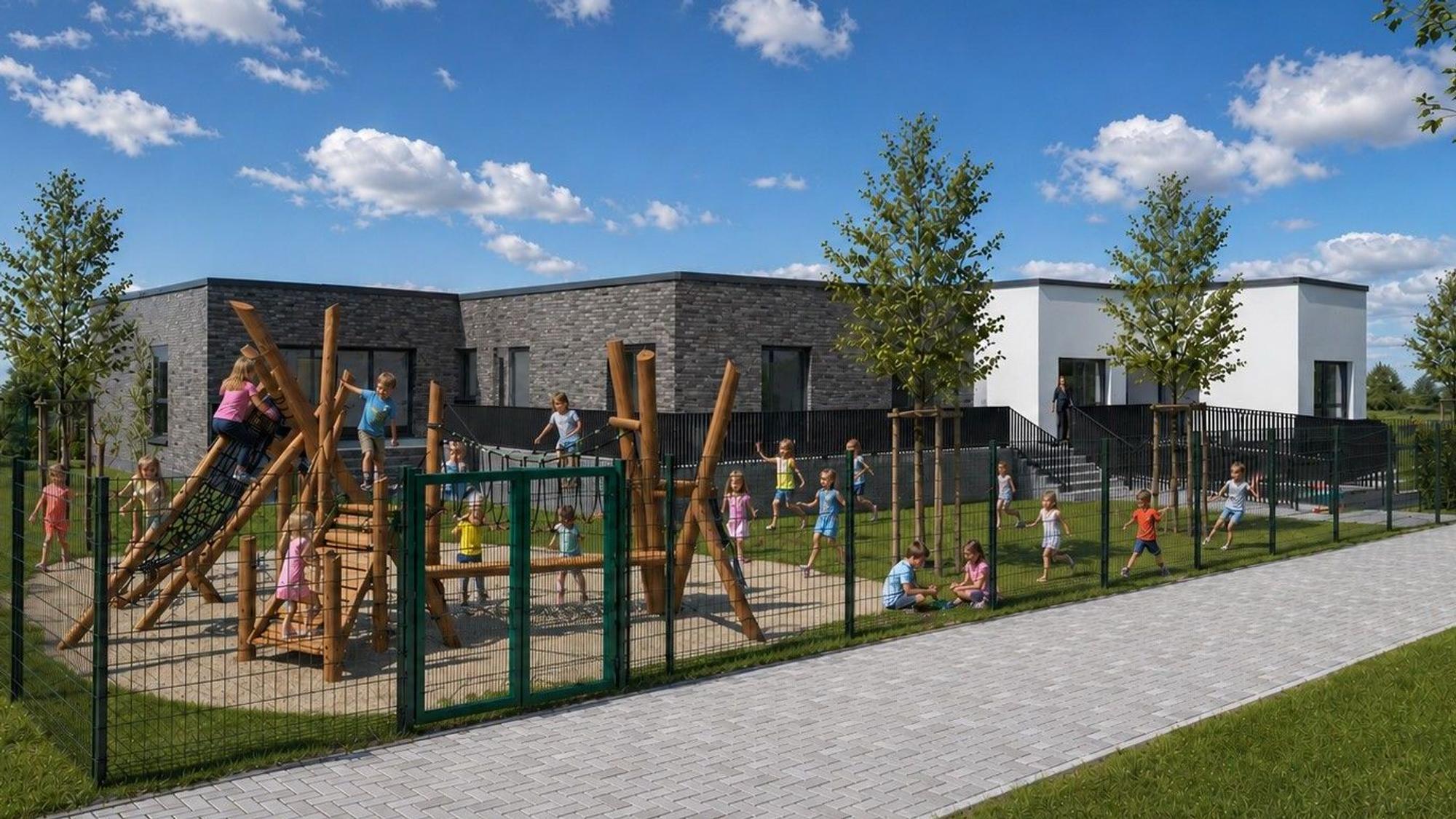 Eine Visualisierung zeigt den neuen Kindergarten für Kall mit dem geklinkerten Altbau und dem weiß verputzten Neubau.