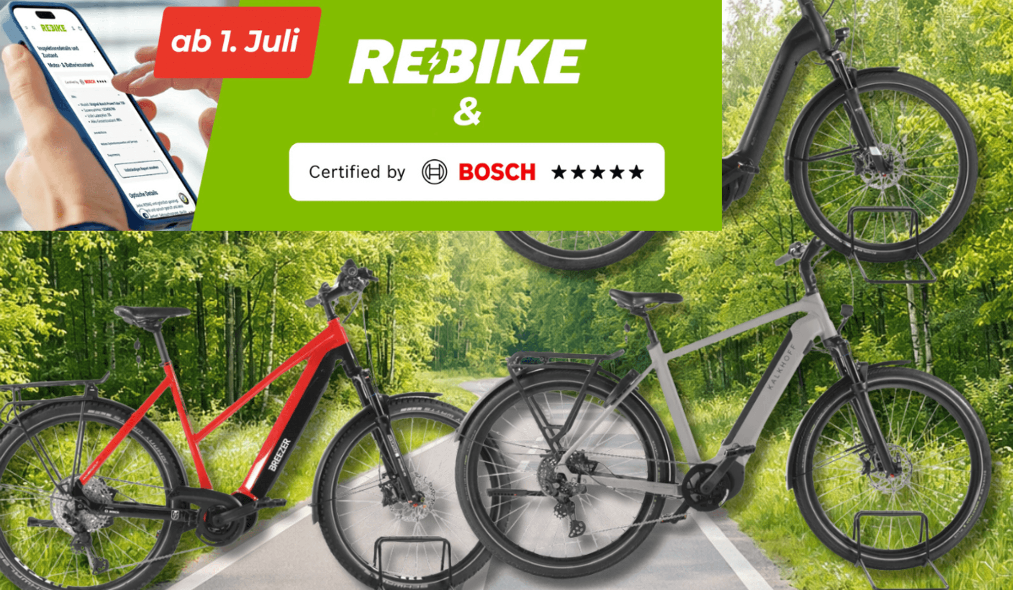 3 E-Bikes mit Bosch Motor vor einem Waldweg.