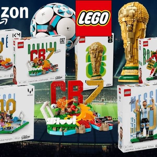 Produktübersicht LEGO Editions Fußball-Sets bei Amazon: Zu sehen sind Verpackungen und Modelle der Sets Mbappé Football Highlights, Ronaldo Football Highlights, Messi Football Highlights, Messi Football Legend sowie der LEGO-Nachbau des offiziellen FIFA-Pokals, alle mit Rabattbadge bis zu 33 Prozent.
