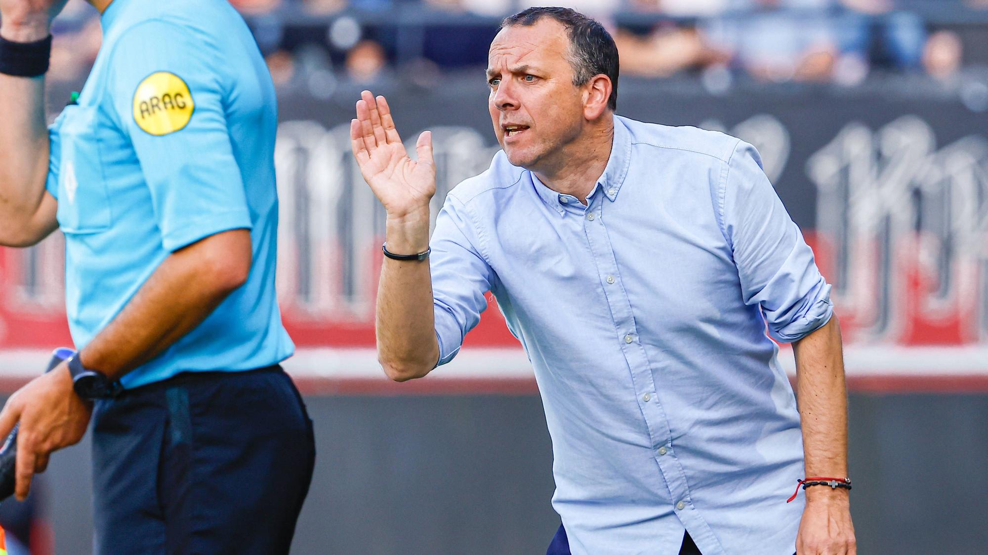 2024-05-23 NEC v Go Ahead Eagles - European League Play Offs Semifinal NIJMEGEN, NETHERLANDS - MAY 23: Head Coach Patrick Greveraars of NEC gestures during the European League Play Offs Semifinal match between NEC and Go Ahead Eagles at Goffertstadion on May 23, 2024 in Nijmegen, Netherlands. Photo by Broer van den Boom/BSR Agency Nijmegen Netherlands Content not available for redistribution in The Netherlands directly or indirectly through any third parties. Copyright: xBSRxAgencyx