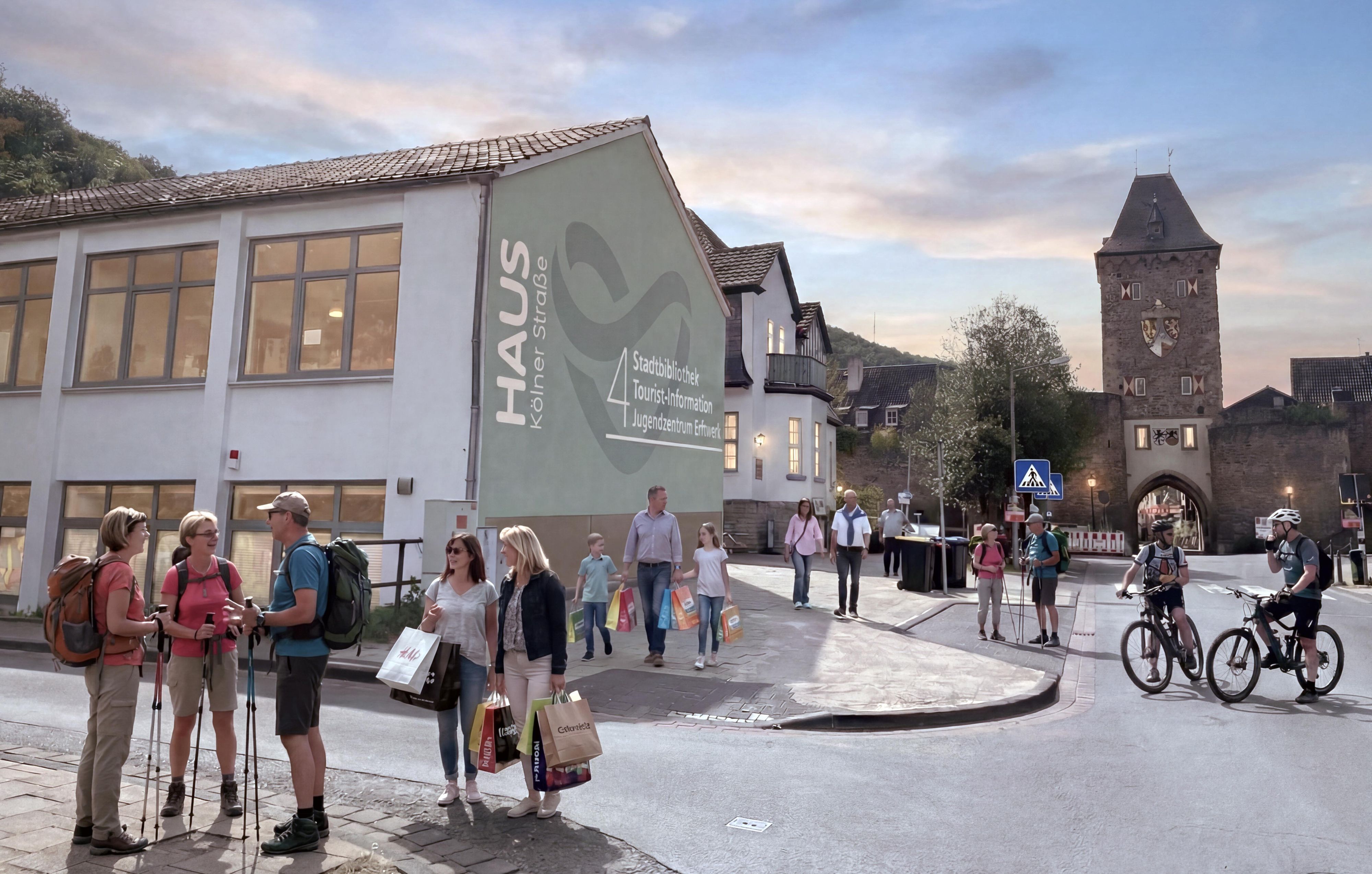 Das KI-Bild zeigt einen Entwurf der neuen Tourist-Info in Bad Münstereifel. Im Hintergrund ist ein Stadttor zu erkennen und auf der Straße sind viele Menschen unterwegs.