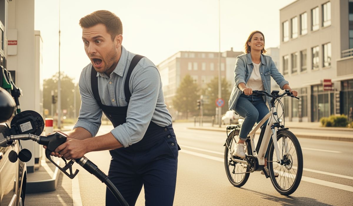 Ein Mann der geschockt von den Tankpreisen ist während eine Frau entspannt zur Arbeit auf ihrem E-Bike radelt.