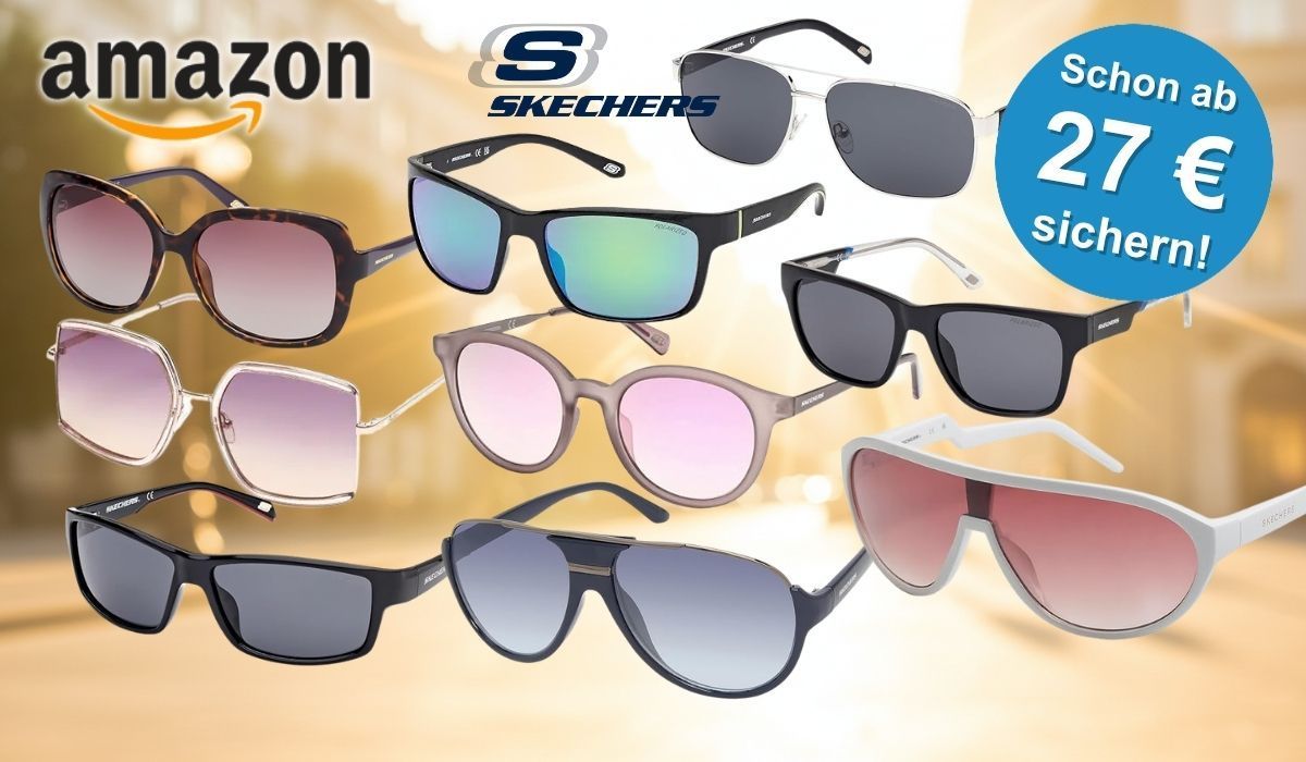 Collage von acht Skechers Sonnenbrillen in verschiedenen Formen und Farben (Braun-Schildpatt, Schwarz-Grün verspiegelt, Grau-Silber Pilotenbrille, Rosa-Lila eckig, Rosa rund, Schwarz eckig, Schwarz Aviator, Weiß-Rosa Shield) vor einem sommerlich verschwommenen Stadtpanorama im warmen Gegenlicht. Links oben das Amazon-Logo, in der Mitte das Skechers-Logo. Rechts oben blauer Button mit der Aufschrift „Schon ab 27 € sichern!".