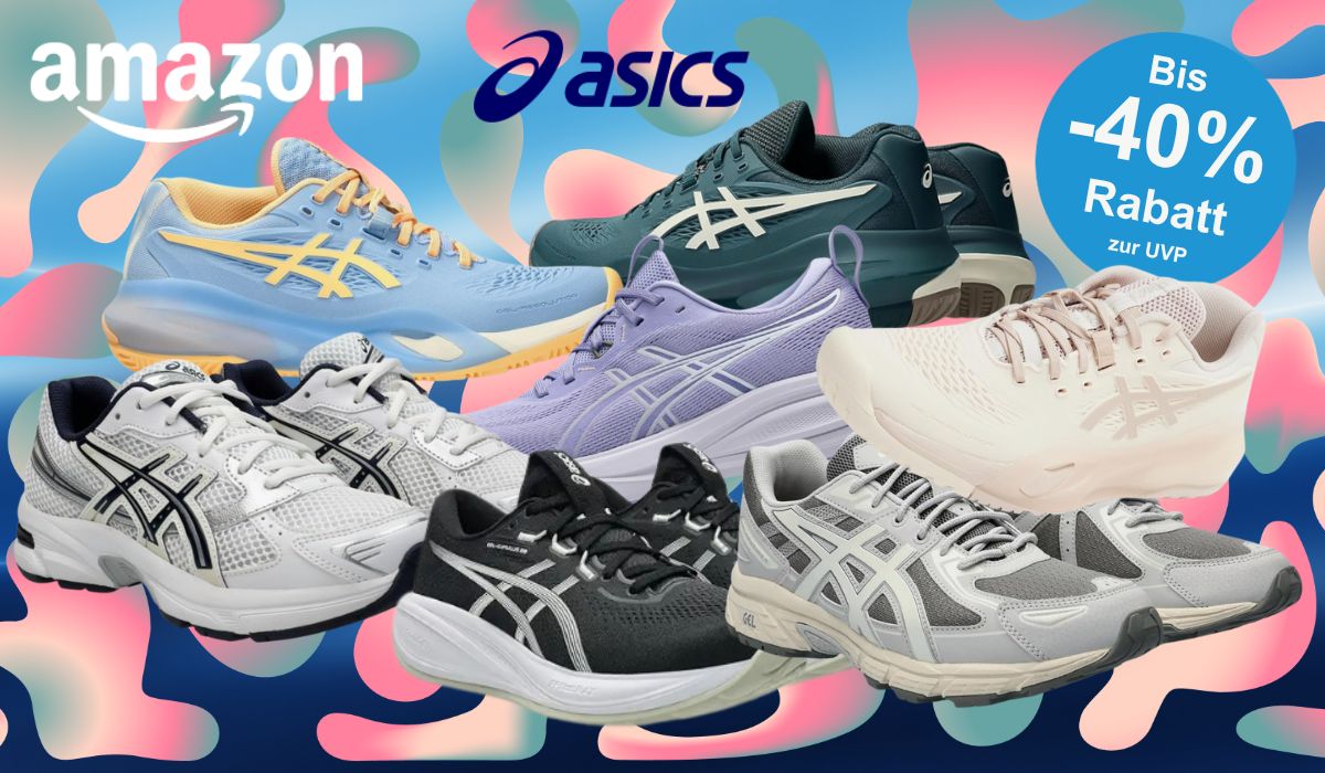 Eine Darstellung von 6 verschiedenen ASICS Modellen vor einem blauen Hintergrund.
