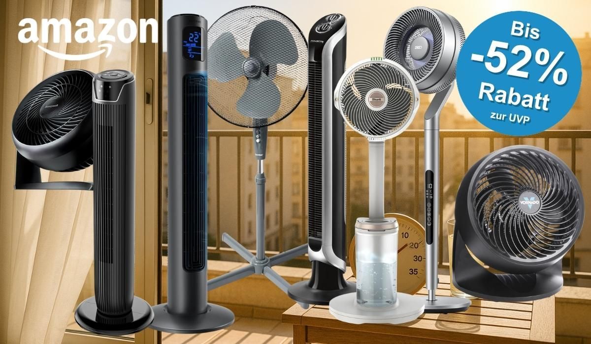Collage verschiedener Ventilatoren unterschiedlicher Typen und Marken (Tischventilator Honeywell, schwarzer Turmventilator, klassischer Standventilator, Rowenta Turmventilator, Shark Standventilator, moderner Design-Ventilator mit Wassertank sowie ein Vornado Tischventilator) vor einem sommerlichen Balkon-Hintergrund mit warmem Stadtpanorama und einem sichtbaren Thermometer.