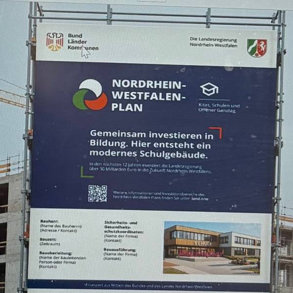 Dieser Entwurf soll zeigen, wie die Bauschilder für Projekte, die aus dem NRW-Plan finanziert werden, aussehen sollen.