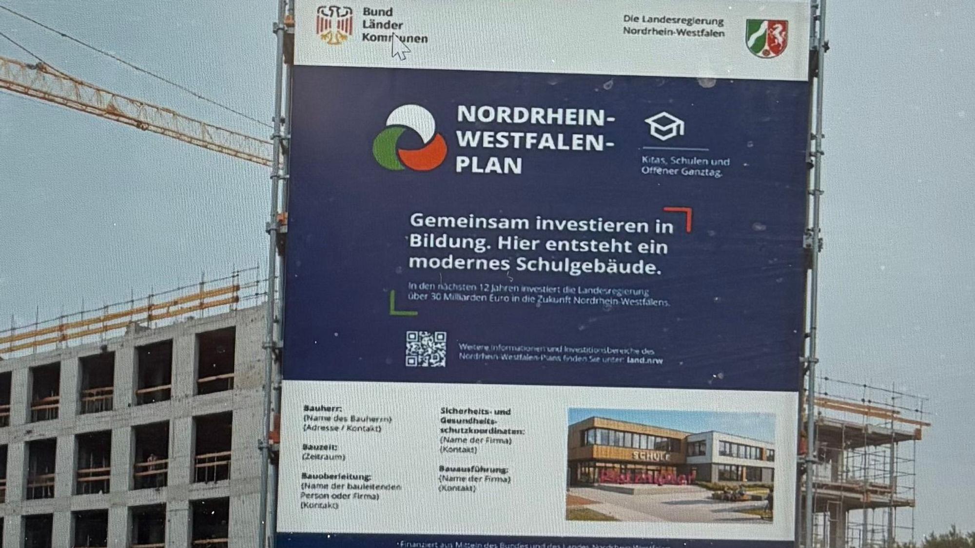 Dieser Entwurf soll zeigen, wie die Bauschilder für Projekte, die aus dem NRW-Plan finanziert werden, aussehen sollen.