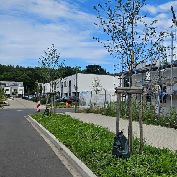 Zu sehen ist die Baustelle eines Mehrfamilienhauses in der Ressourcenschutzsiedlung.