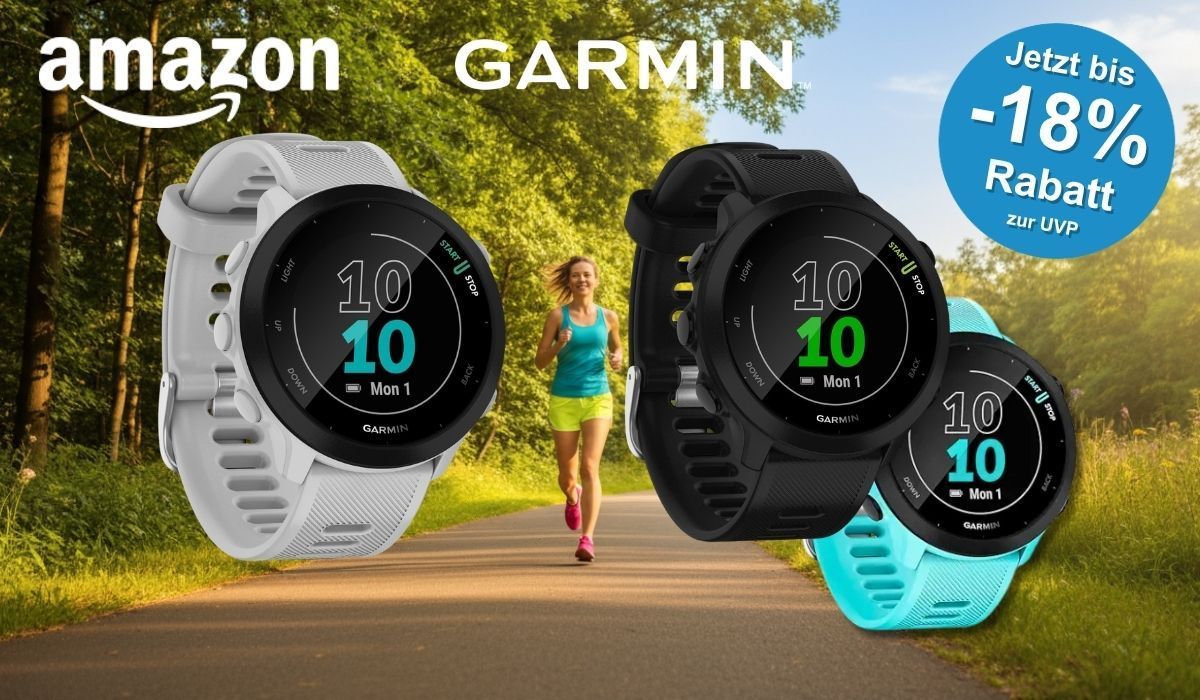 Drei Garmin Forerunner 55 GPS-Laufuhren in den Farben Weiß, Schwarz und Türkis vor einem sonnigen Parkweg mit grünen Bäumen. Im Hintergrund läuft eine Frau in blauem Sporttop und gelben Shorts auf dem Weg. Links oben das Amazon-Logo, daneben der Garmin-Schriftzug. Rechts oben blauer Button mit der Aufschrift „Jetzt bis -18 % Rabatt zur UVP".