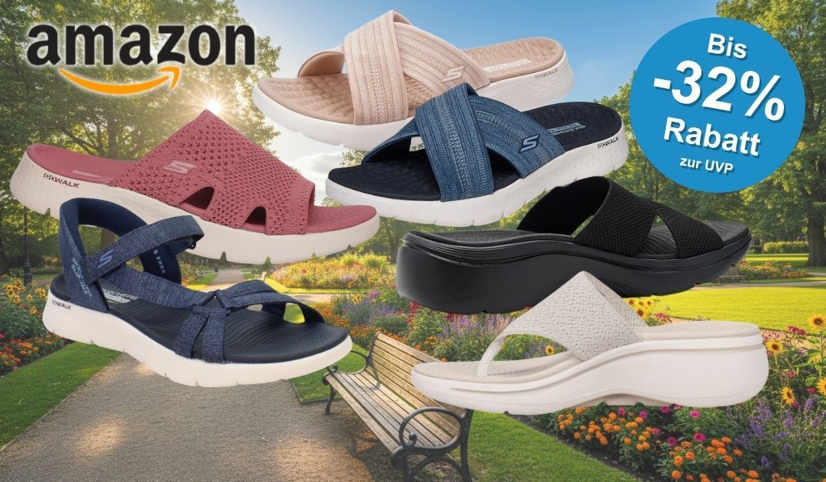 Skechers Go Walk Sandalen vor einem sommerlichen Park im Hintergrund.