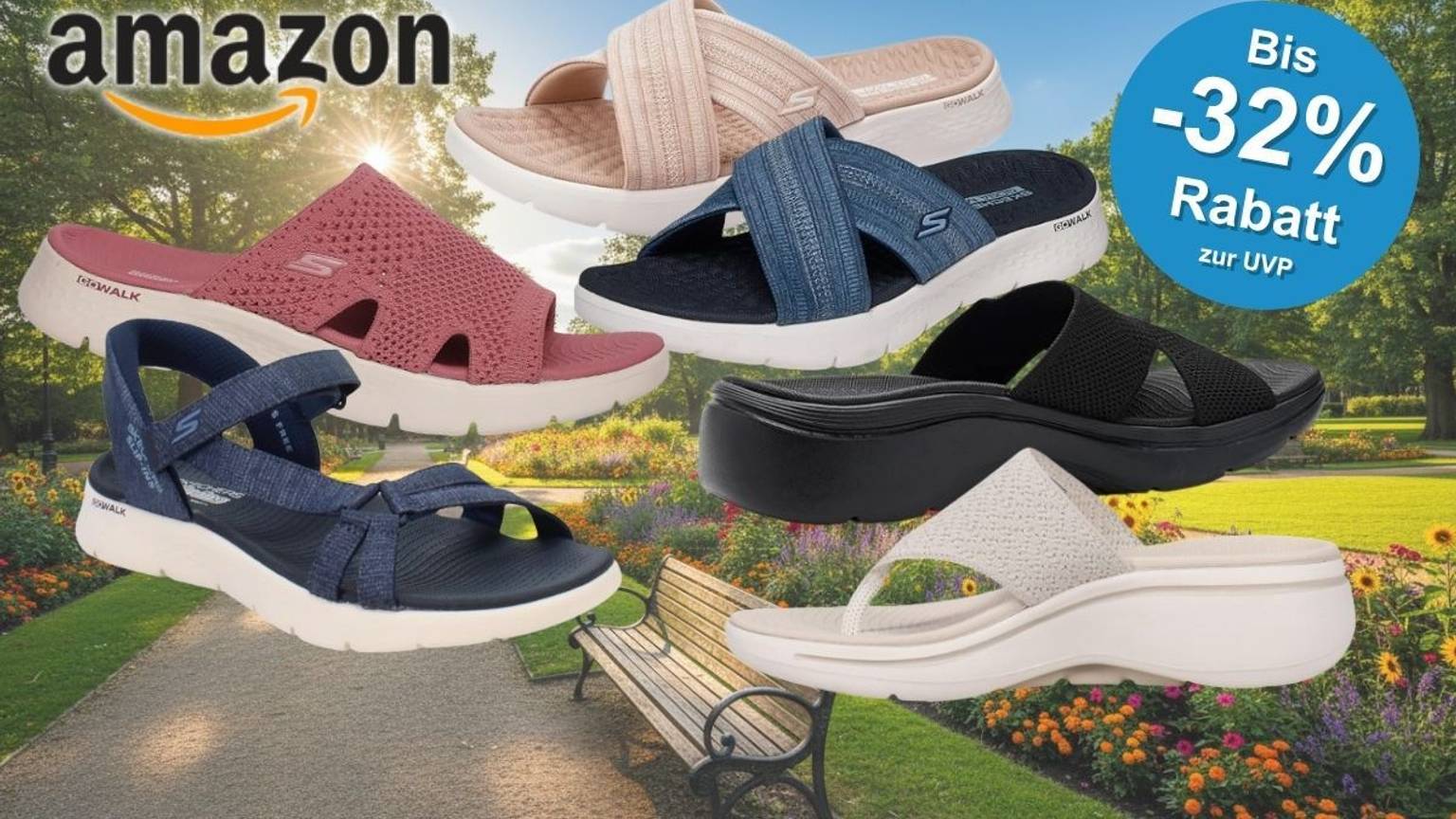 Skechers Go Walk Sandalen vor einem sommerlichen Park im Hintergrund.