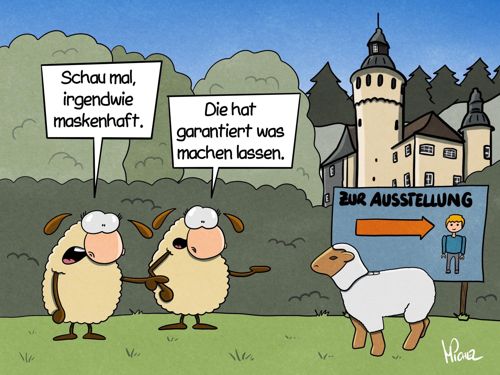 Zwei Schafe stehen vor einem Playmobil-Schaf. Das eine Schaf sagt zum anderen: "Schau mal, irgendwie maskenhaft." Das andere meint: "Die hat garantiert was machen lassen."