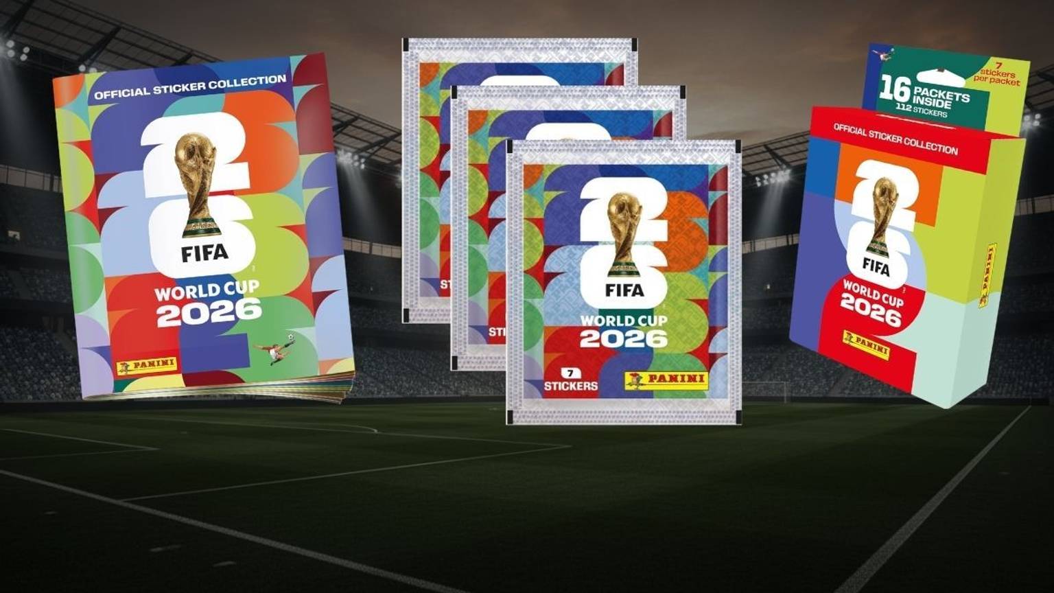 Panini-Sticker für das Fußball Sammelalbum 2026 mit Album, mehreren Stickertüten und Multipack vor Stadionhintergrund.