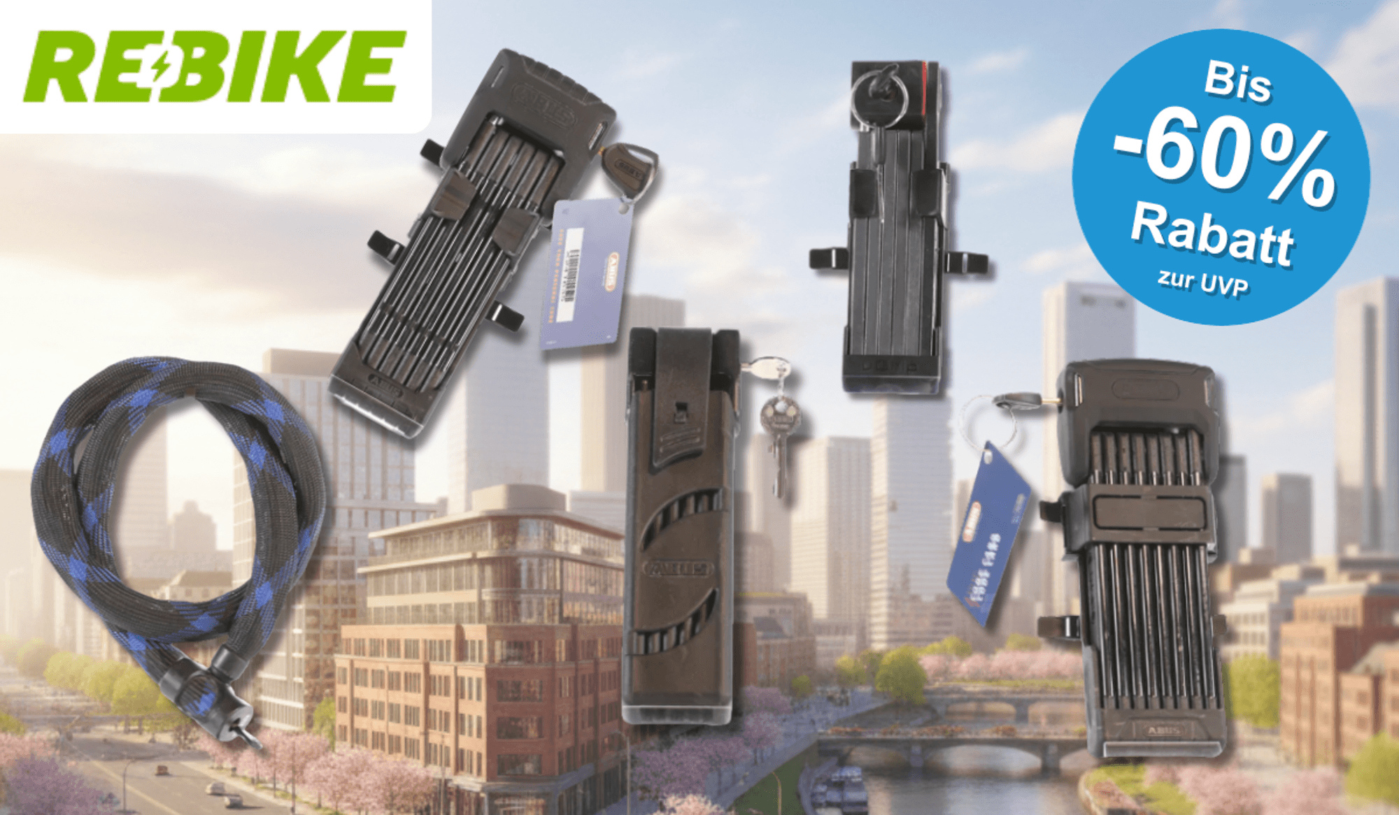 5 refurbished Schlösser von Abus vor einer Skyline.