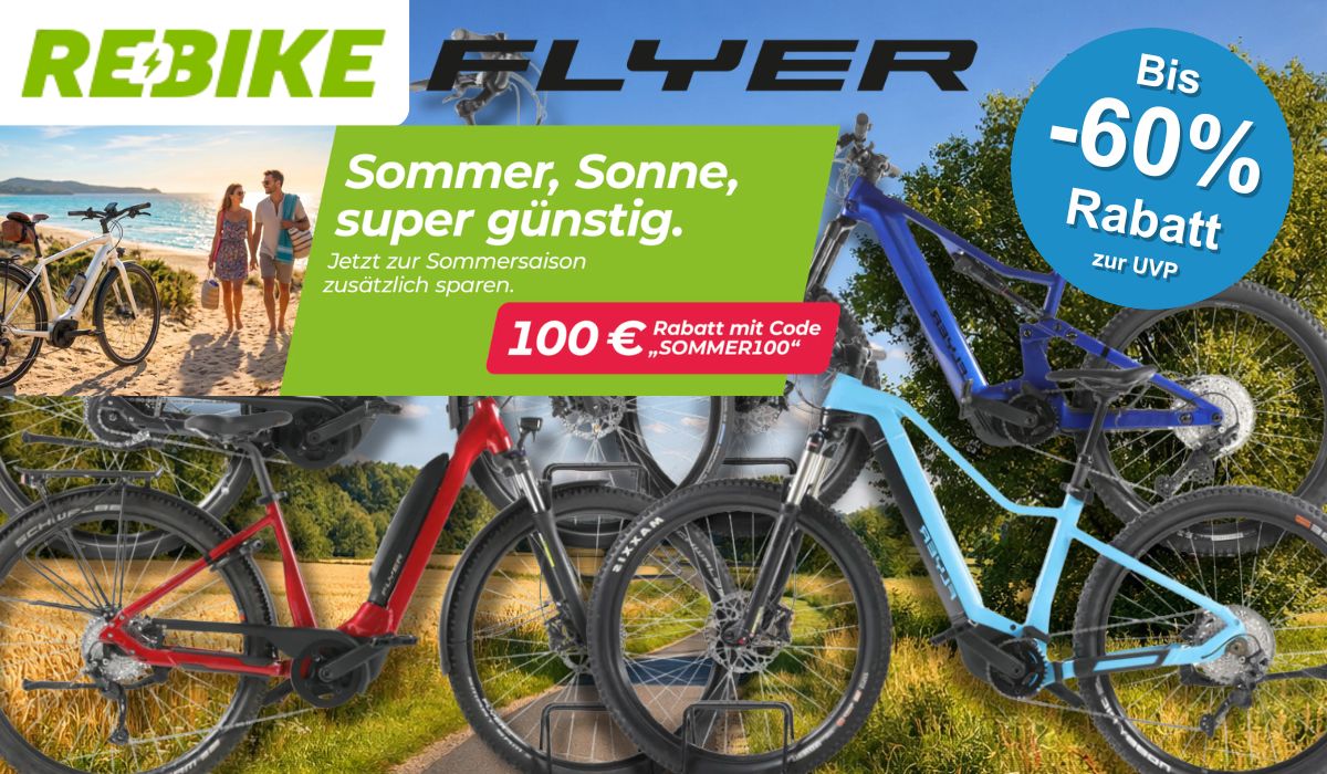 Vier verschiedene Flyer E-Bikes vor einem Fahrradweg.