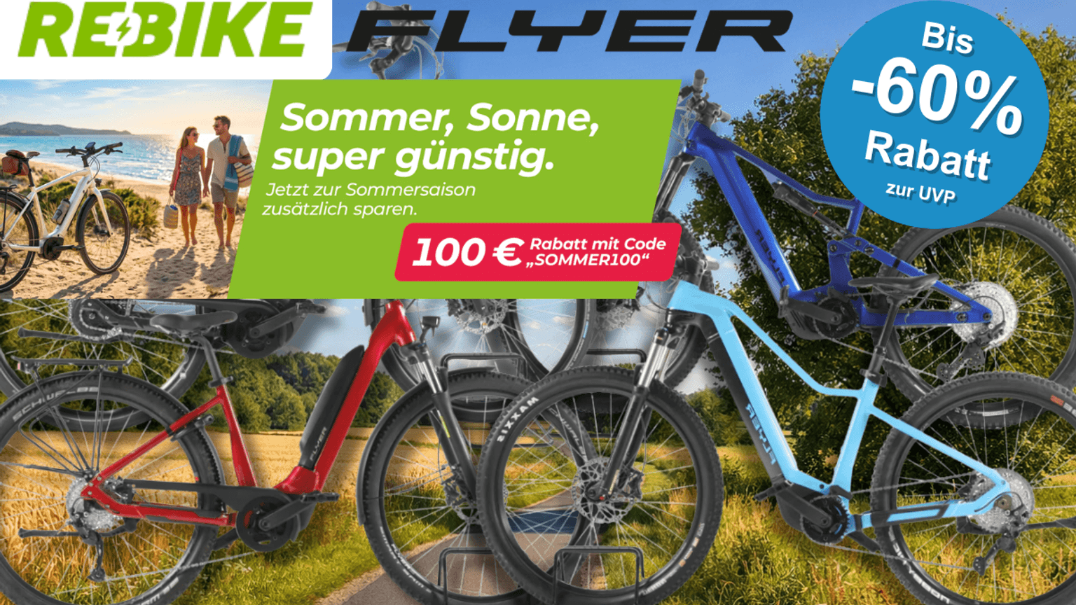Vier verschiedene Flyer E-Bikes vor einem Fahrradweg.