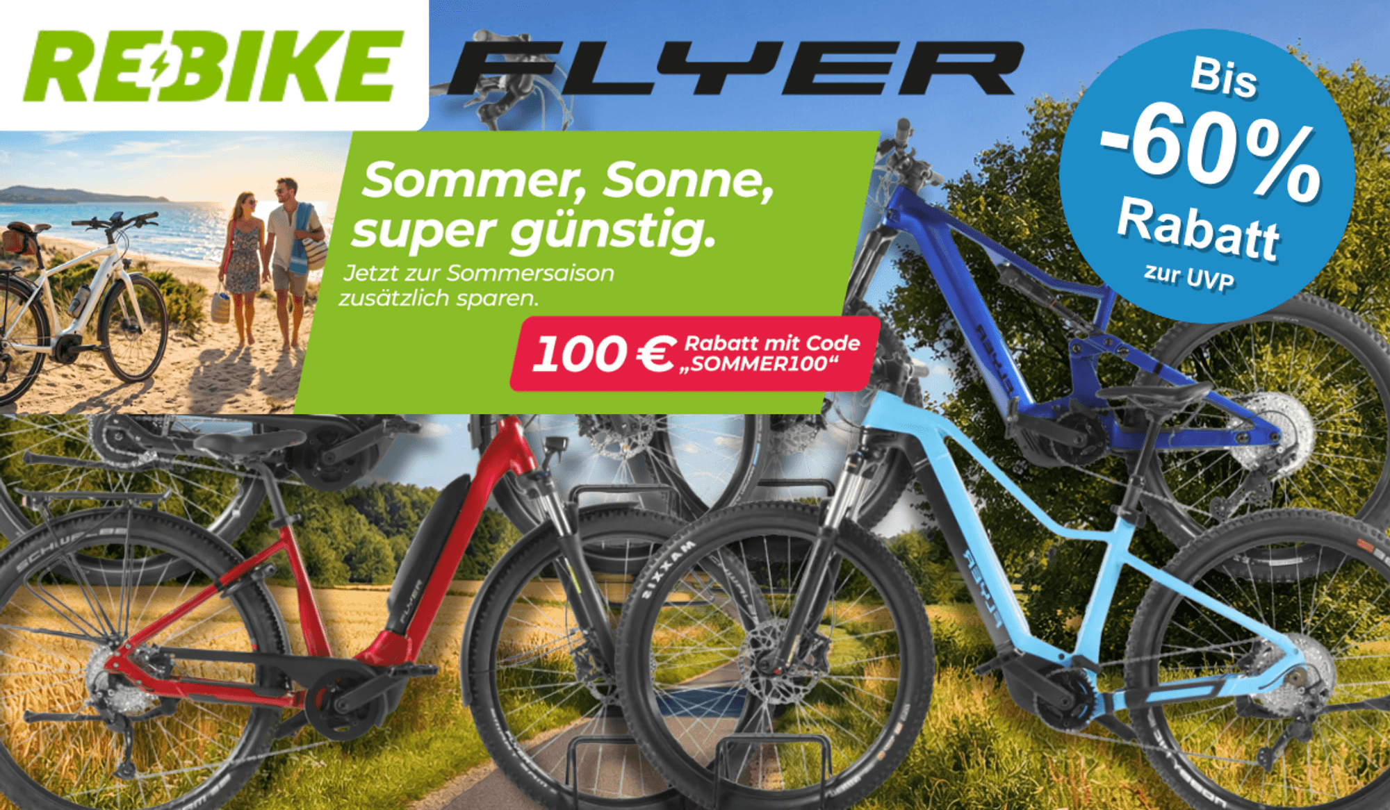 Vier verschiedene Flyer E-Bikes vor einem Fahrradweg.