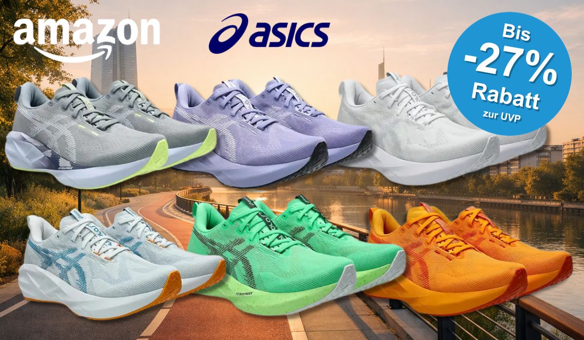 6 Asics Novablast Schuhe in verschiedenen Farben.