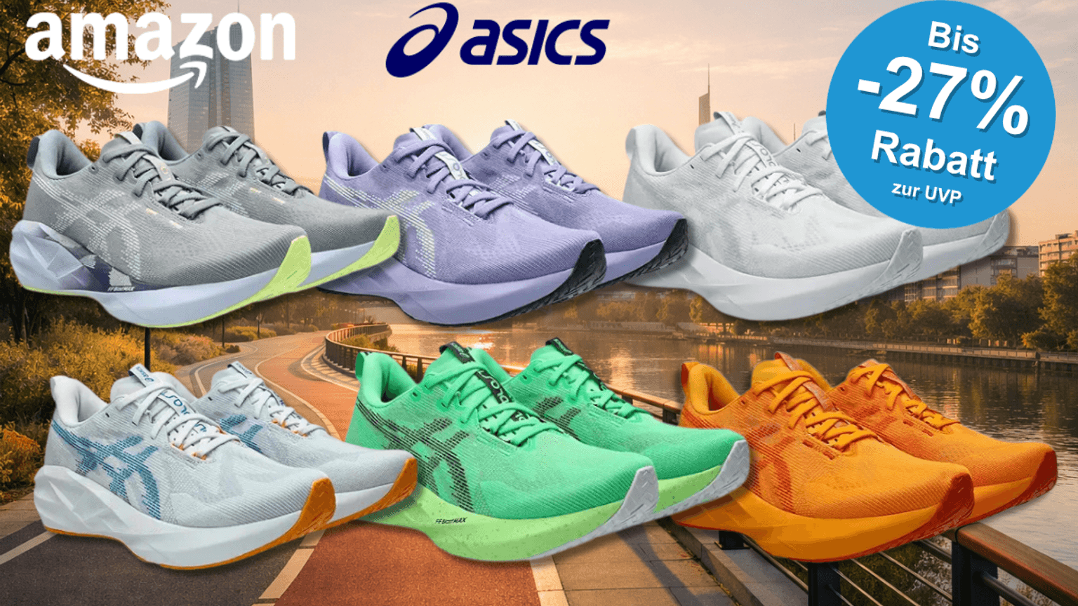 6 Asics Novablast Schuhe in verschiedenen Farben.