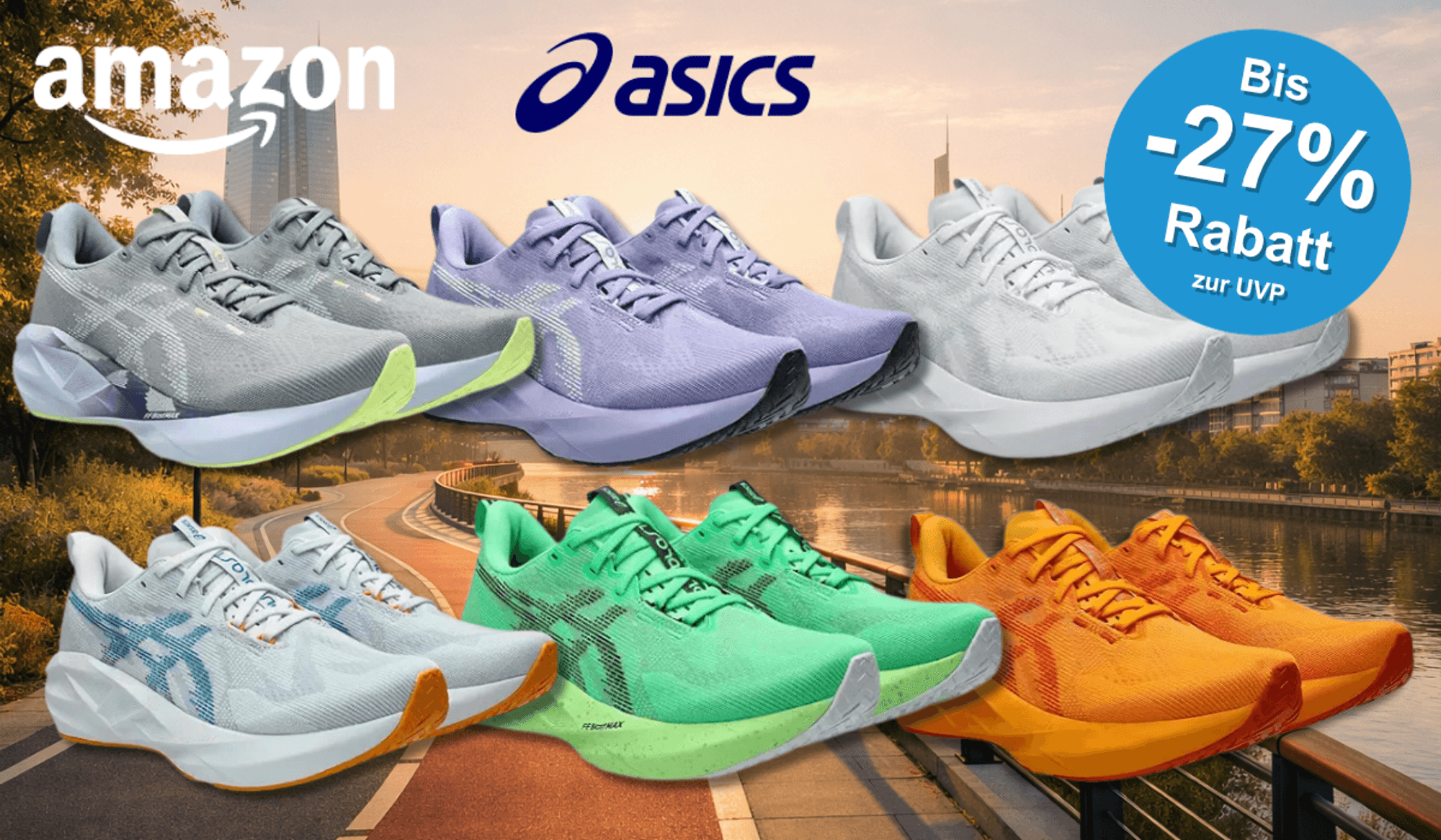 6 Asics Novablast Schuhe in verschiedenen Farben.