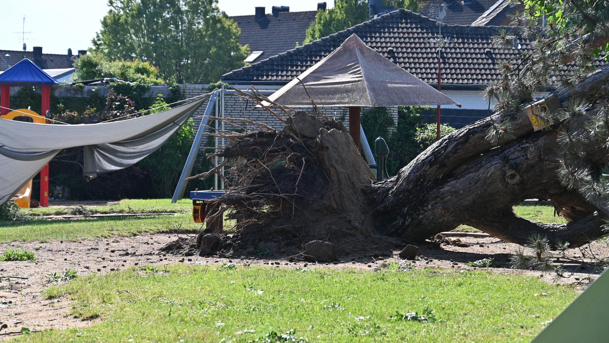 Bei dem Unwetter gestern ist es in Elsdorf zu erheblichen Schäden gekommen. Es sind viele Äste aus Bäumen gebrochen und teilweise sind ganze Bäume umgestürzt, darunter auch der Baum, der auf den Kindergarten gestürzt ist. Friedhöfe waren gesperrt.