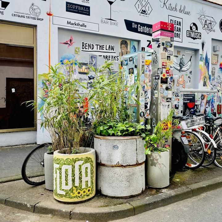Drei Pflanzenkübel am Rande einer Straße neben Fahrrädern und Bürgersteig. Der linke Pflanzenkübel ist mit grünen und weißen Mosaikplättchen dekoriert, sodass der Schriftzug „Flora“ entsteht.
