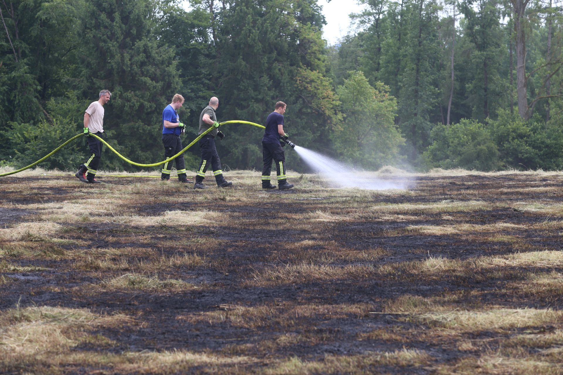 Feuerwehrleute löschen mit einem Wasserschlauch eine brennende Wiese.