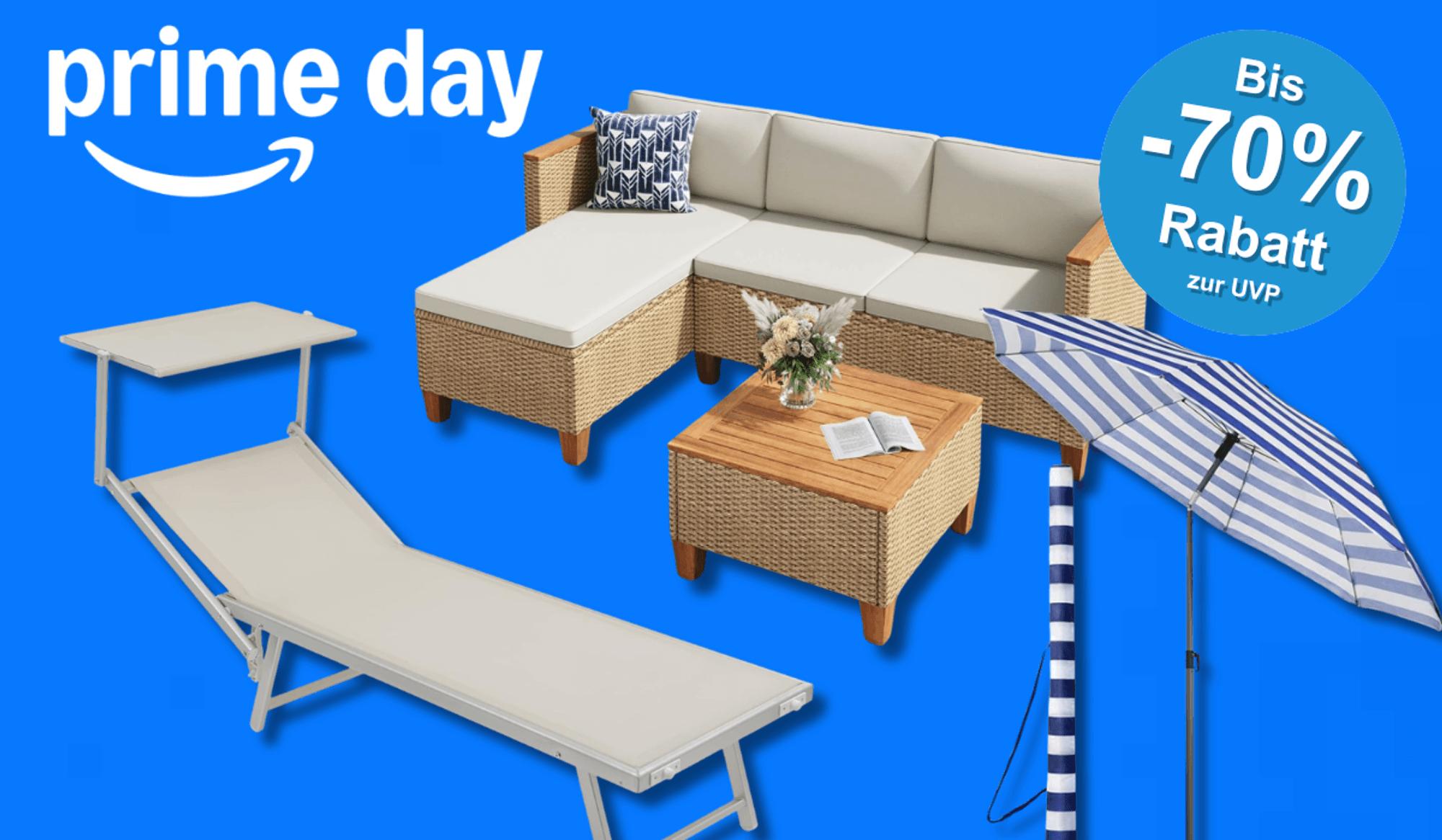 Eine Liege, eine Garten Lounge und ein Sonnenschirm vor einem blauen Hintergrund.